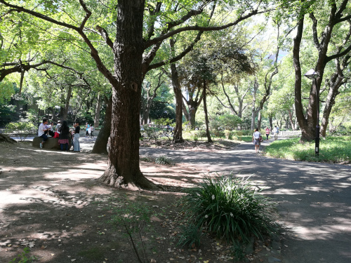 Nuorisoa Hibiya-puiston varjoisemmalla puolella